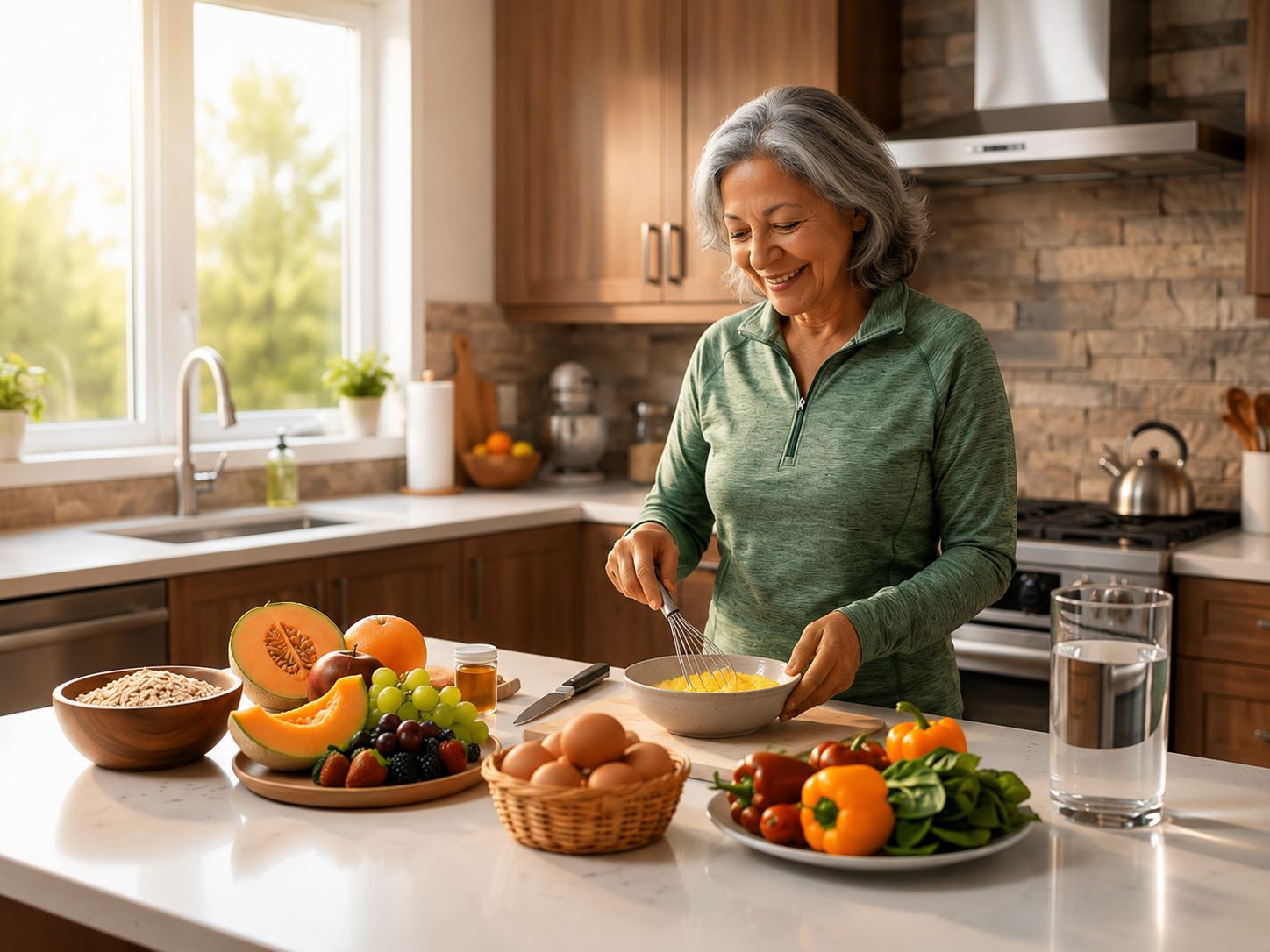 A woman preparing a healthy breakfast with fresh fruit and vegetables in her kitchen